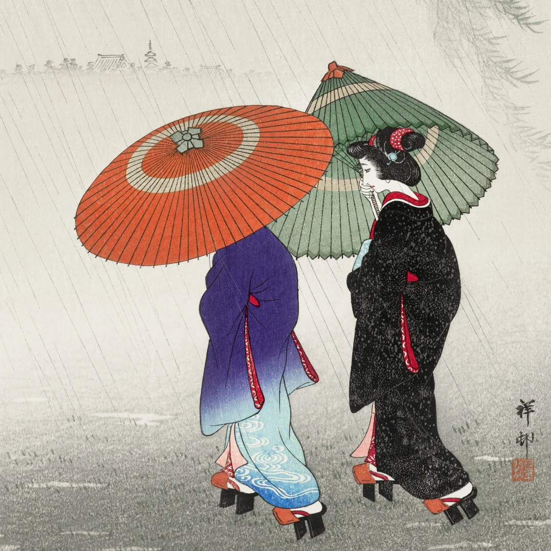 Projeto Quarenta e três da Nhdesign: Ilustração de duas figuras japonesas com guarda-chuvas coloridos usada no universo da marca Quarenta e Três