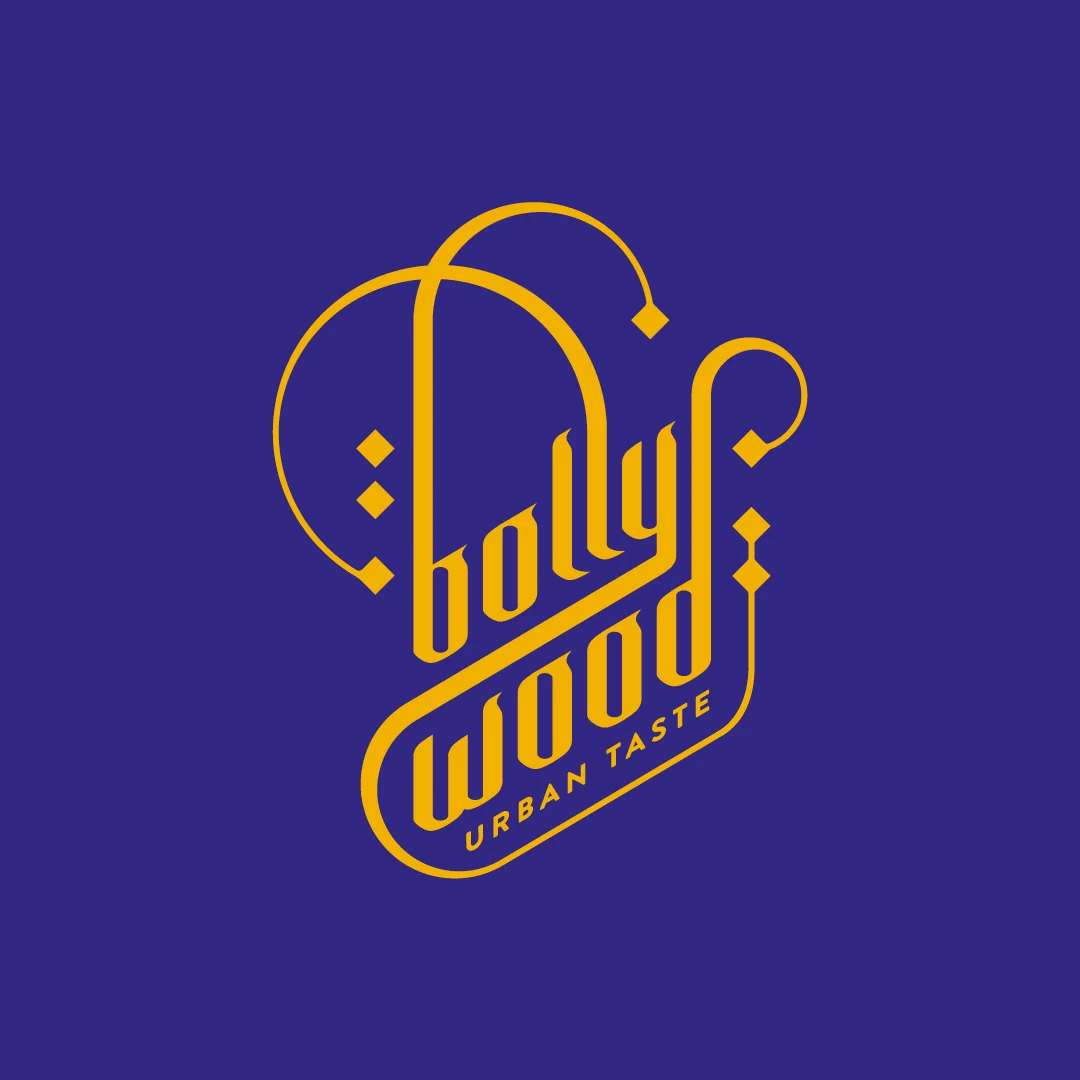 Projeto Bollywood da Nhdesign: Logótipo Bollywood em tipografia amarela sobre fundo roxo