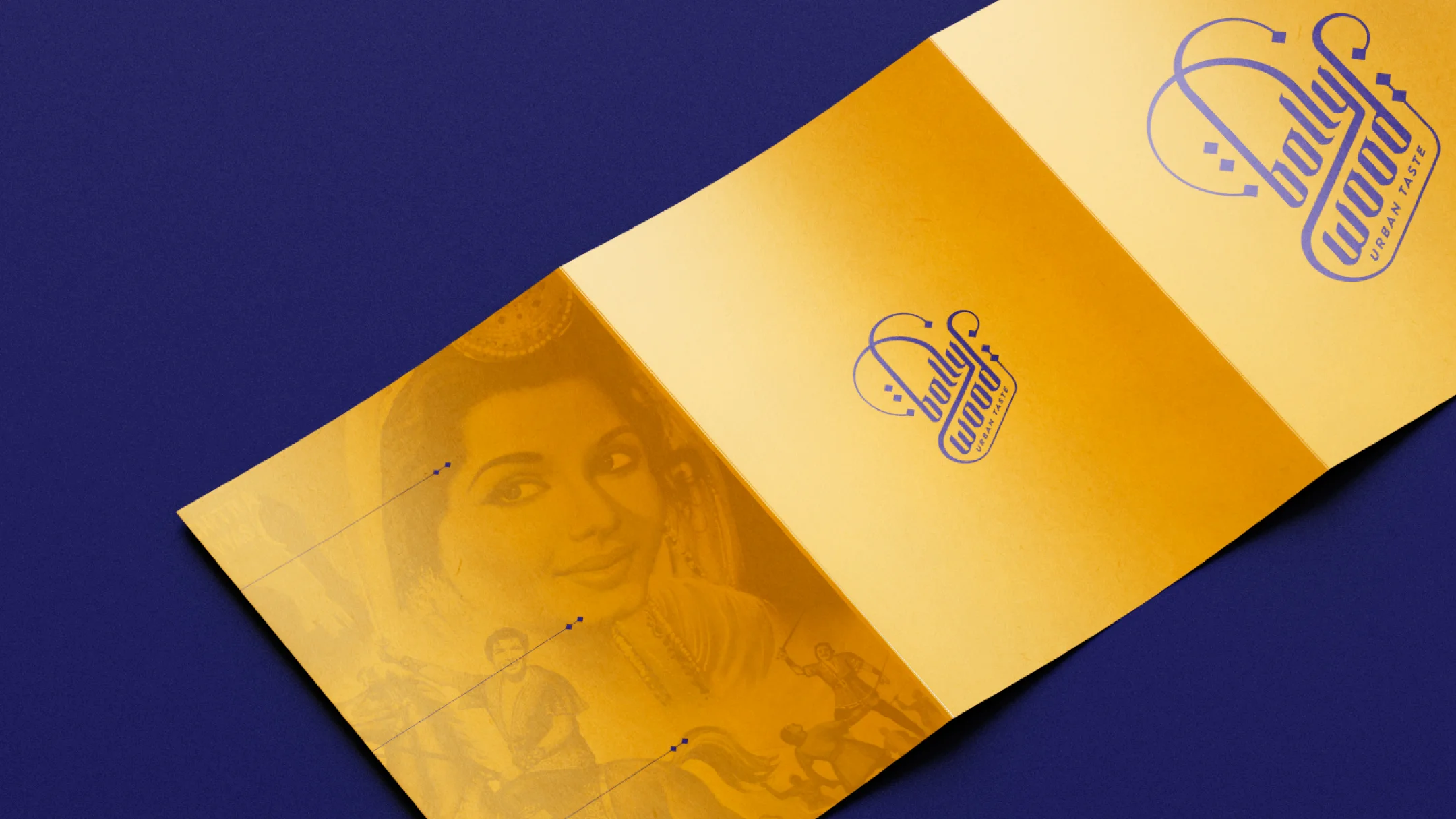 Projeto Bollywood da Nhdesign: Menu dobrado Bollywood em amarelo e roxo com elementos gráficos e logótipo
