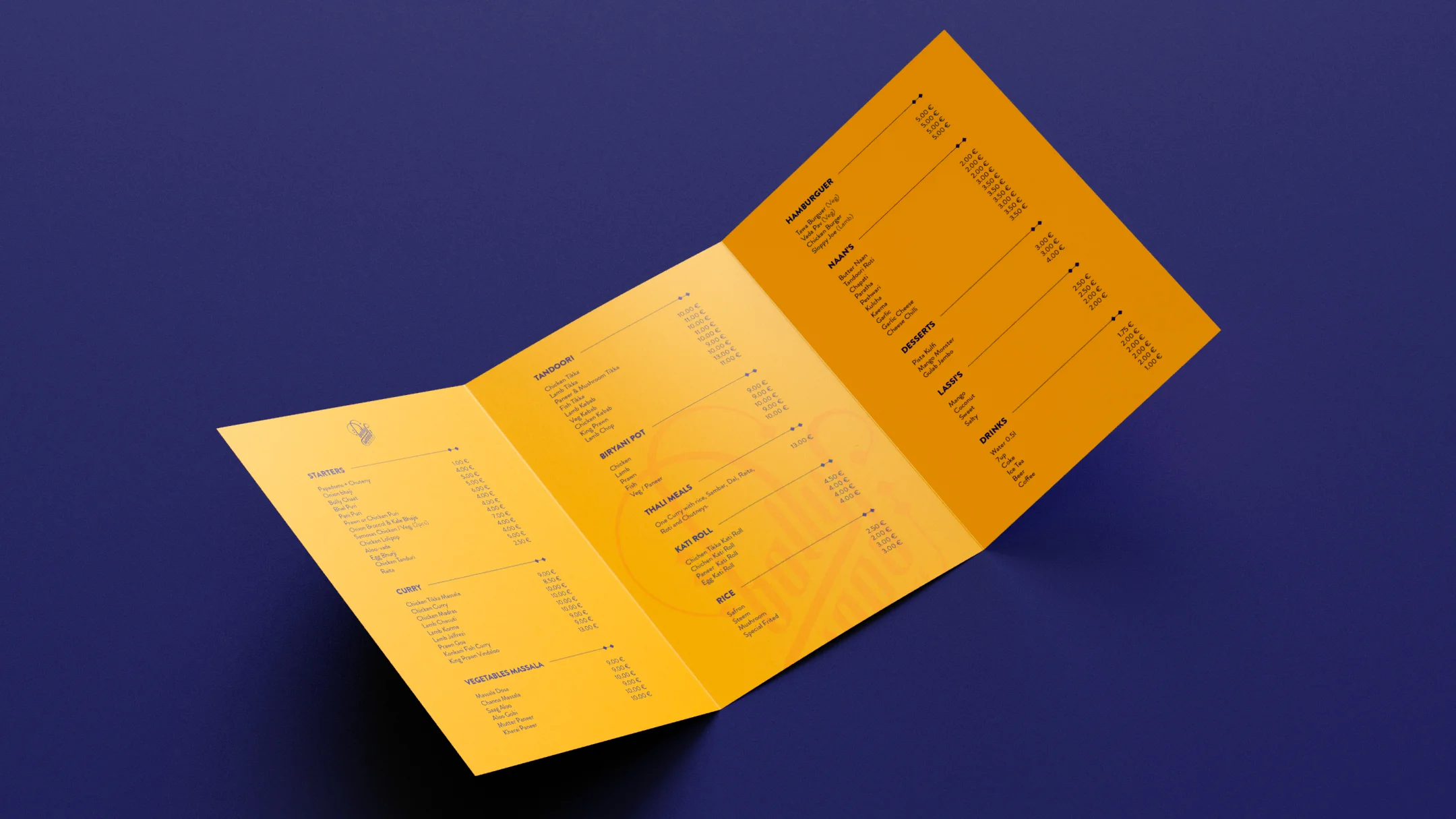 Projeto Bollywood da Nhdesign: Menu aberto Bollywood em amarelo sobre fundo roxo