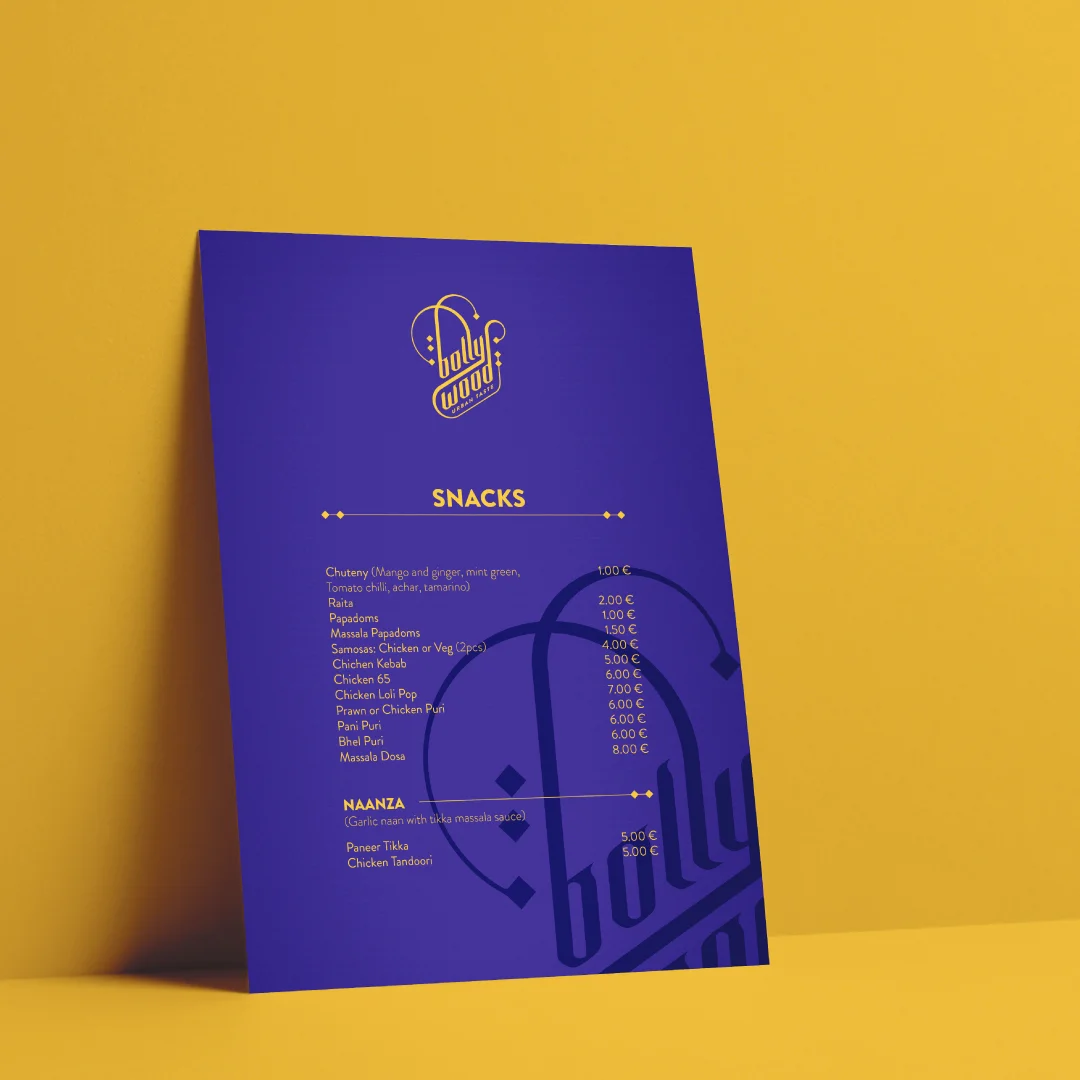 Projeto Bollywood da Nhdesign: Menu vertical Bollywood em roxo com tipografia branca sobre fundo amarelo