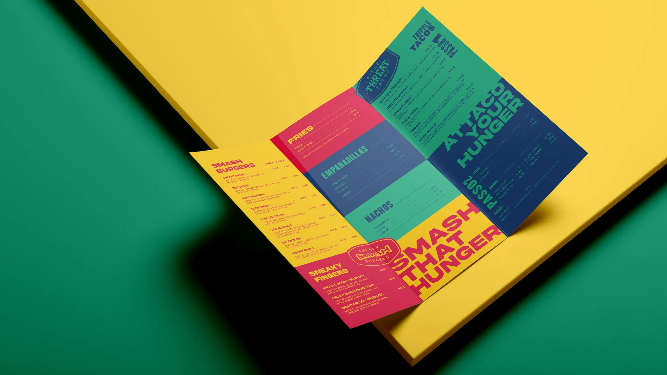 Projeto SMASH VS THREAT da Nhdesign: Menu com design gráfico colorido em verde, amarelo e vermelho