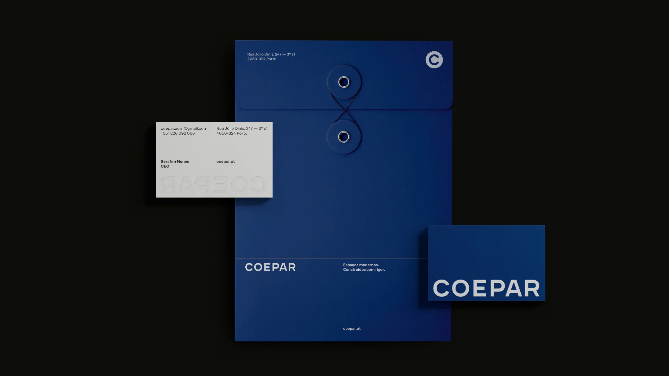 Projeto Coepar da Nhdesign: Conjunto de estacionário Coepar com cartão e pastas em azul escuro