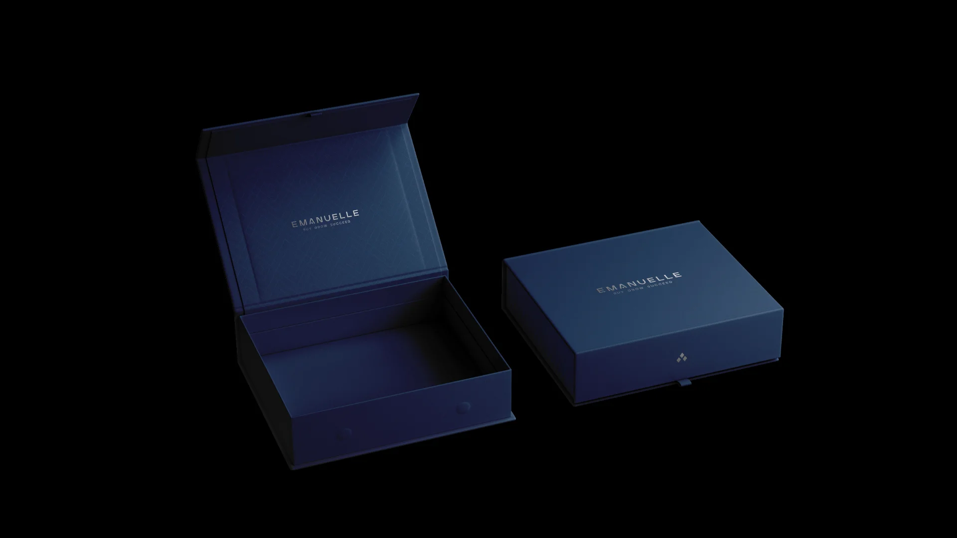 Projeto Emanuelle da Nhdesign: Caixa aberta e caixa fechada da Emanuelle sobre fundo preto.