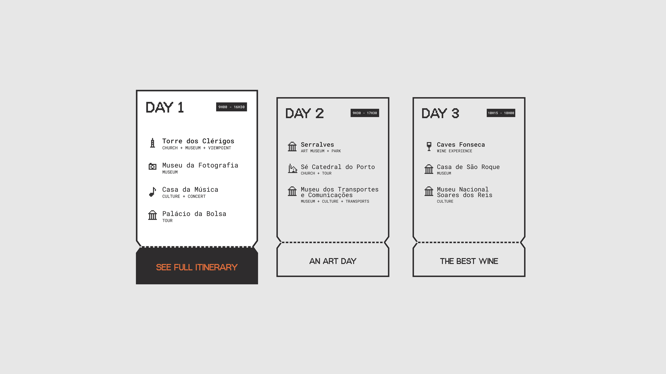 Projeto Porto E-Pass da Nhdesign: Estrutura editorial criada para organizar a experiência do Porto E-Pass ao longo de três dias.