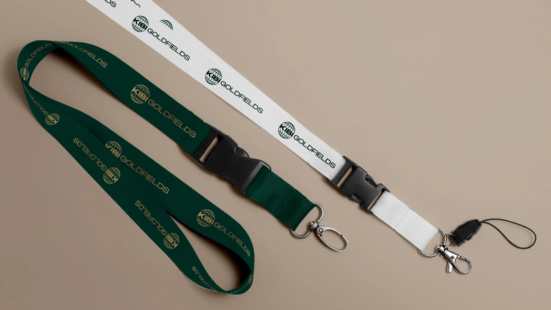 Nhdesign project Kibi Goldfields: Brand applied to a lanyard with a consistent and institutional language