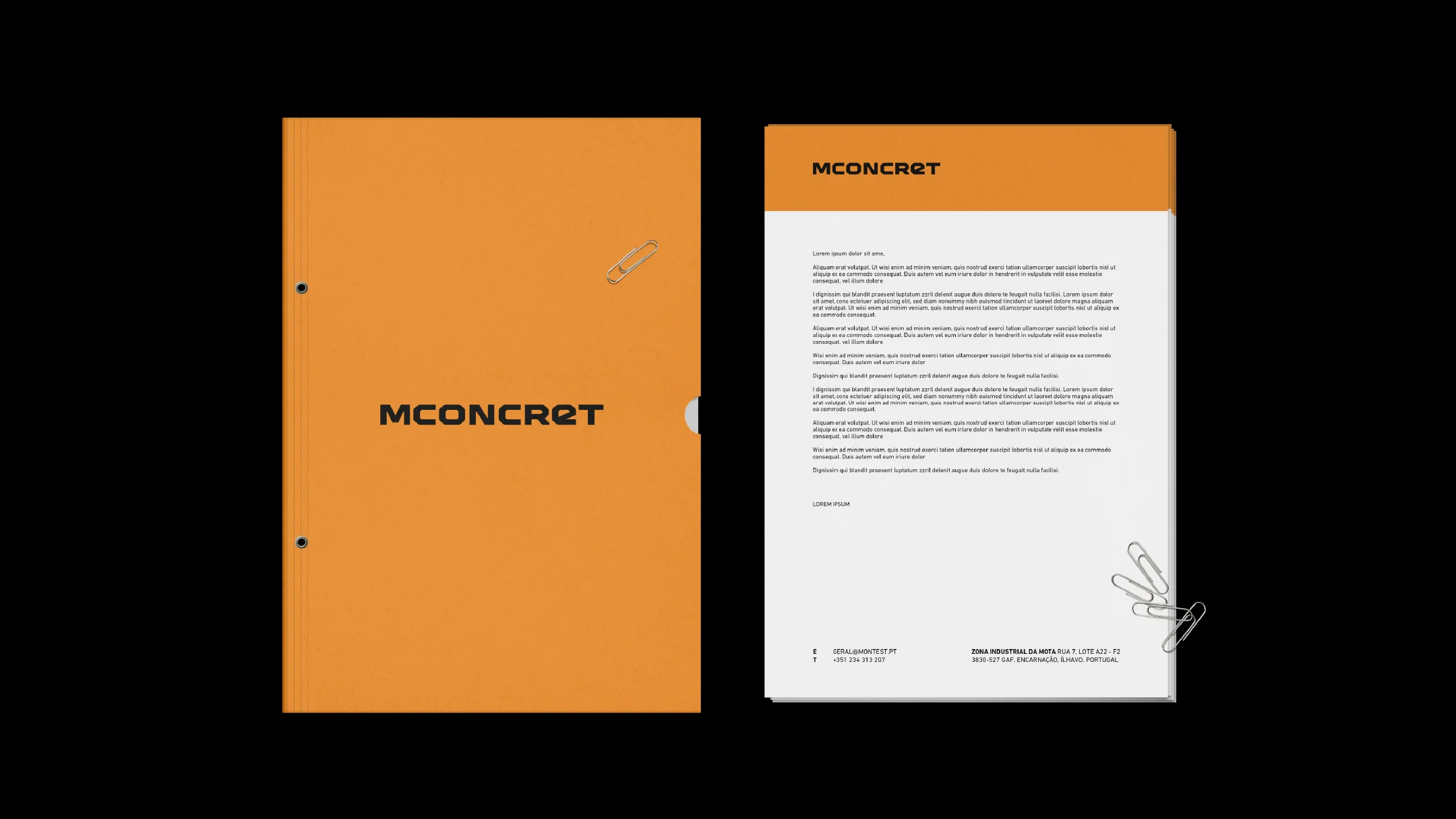 Projeto Mconcret da Nhdesign: Capa e folha de documento corporativo da Mconcret em laranja e branco.