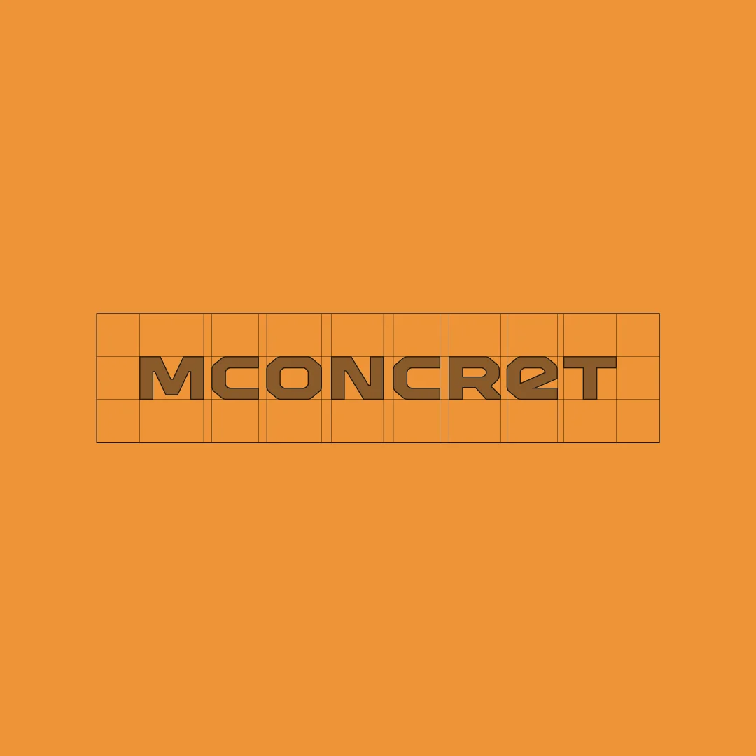 Projeto Mconcret da Nhdesign: Logotipo da Mconcret com grelha de construção em fundo laranja.