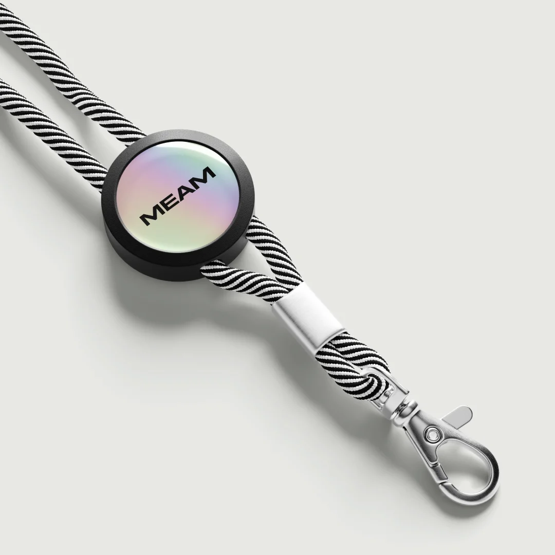 Nhdesign project Meam Concept: Black and white lanyard with the Meam Concept logo on holographic material