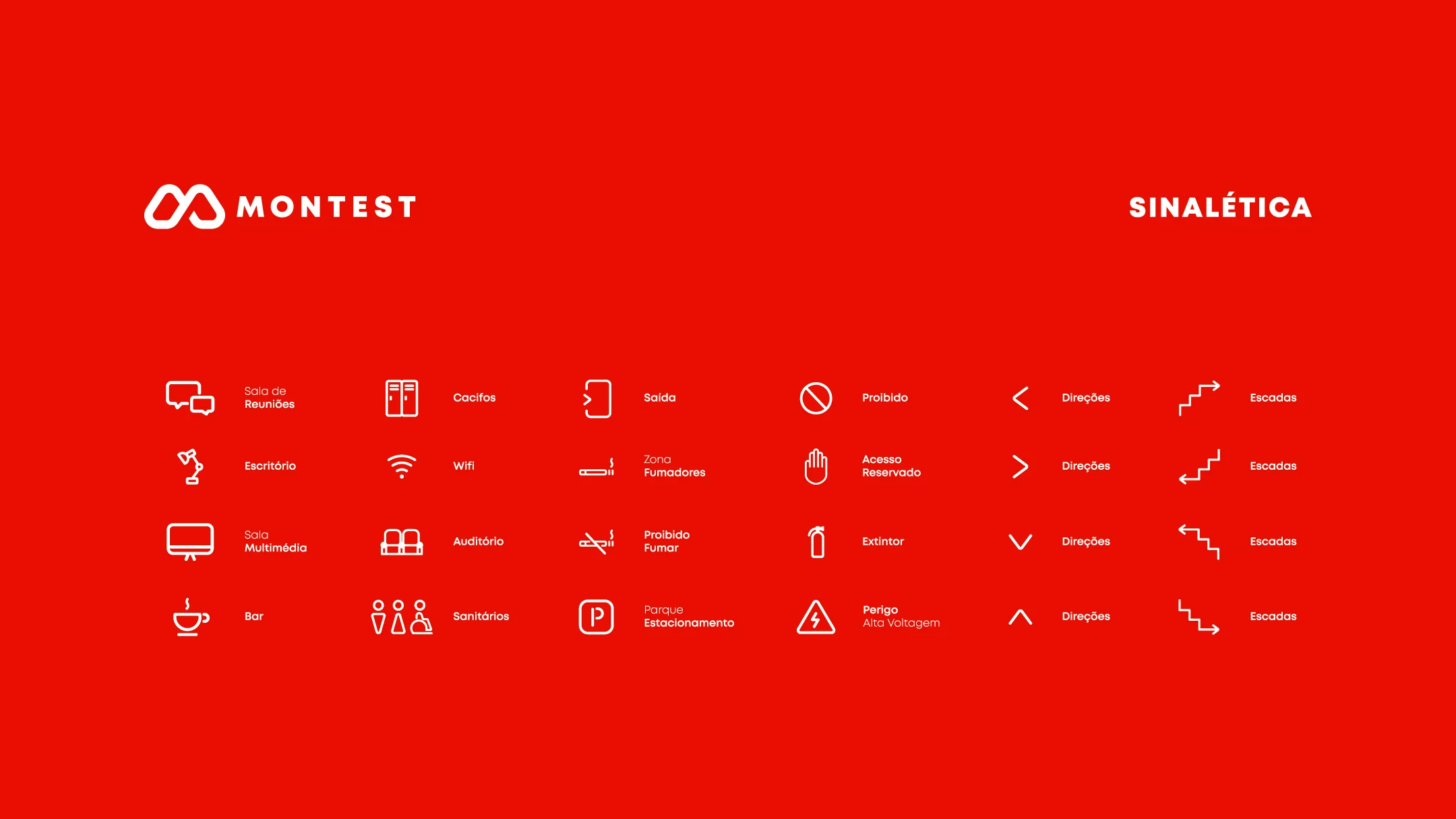 Projeto Montest da Nhdesign: Conjunto de ícones de sinalética da Montest em fundo vermelho.