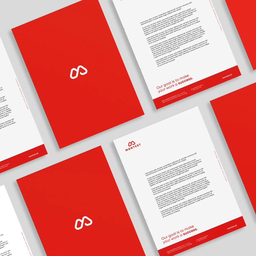 Projeto Montest da Nhdesign: Conjunto de pastas e documentos da Montest em vermelho e branco.