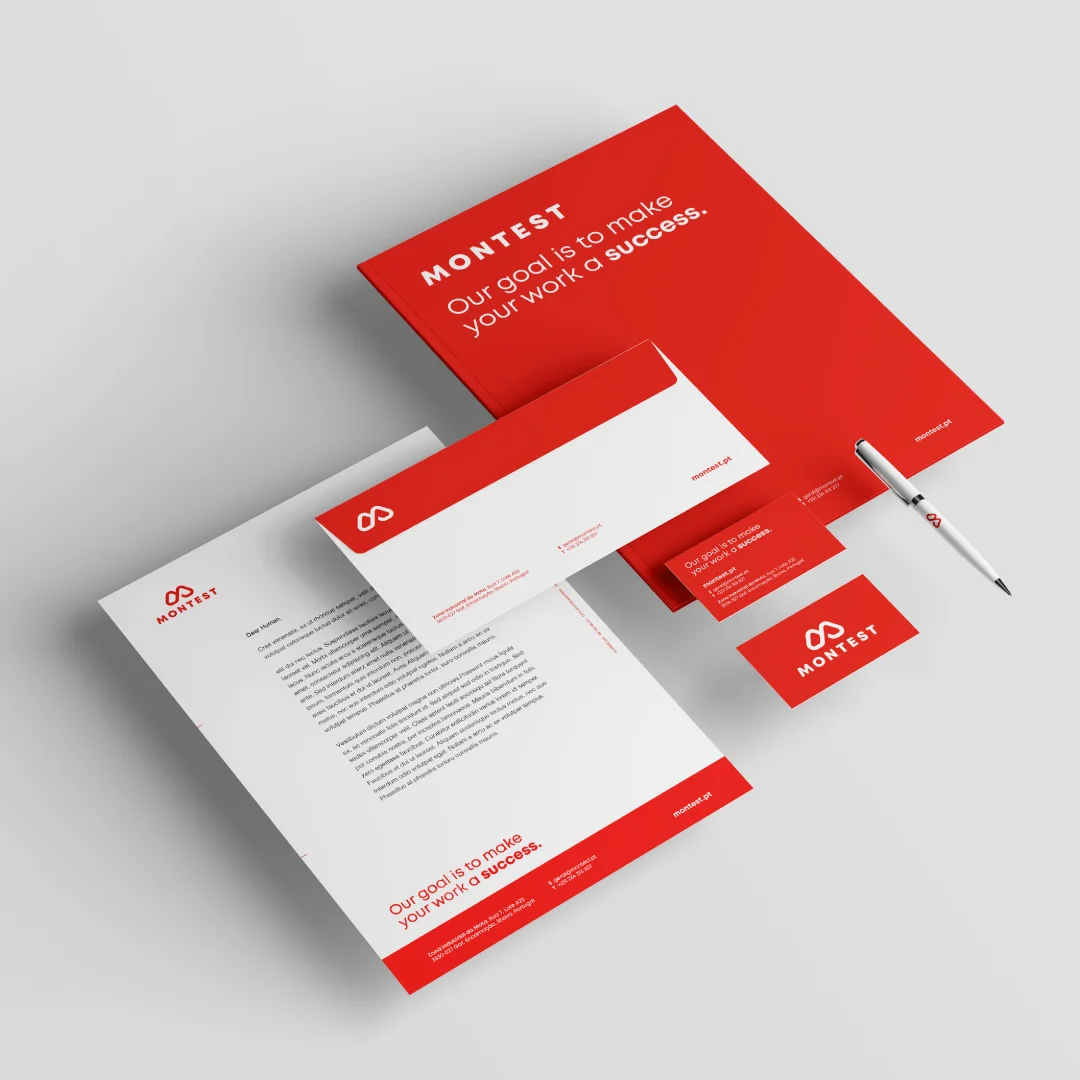 Projeto Montest da Nhdesign: Materiais de comunicação da Montest incluindo cartões de visita e pastas.
