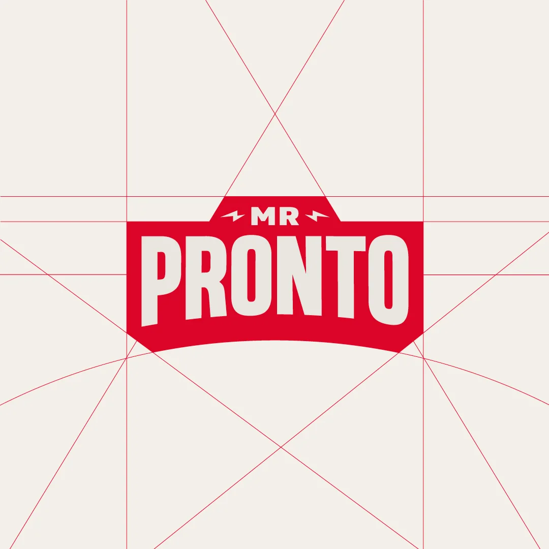 Projeto Mr Pronto da Nhdesign: Grelha de construção do logo de Mr Pronto, mostrando alinhamentos e proporções precisas