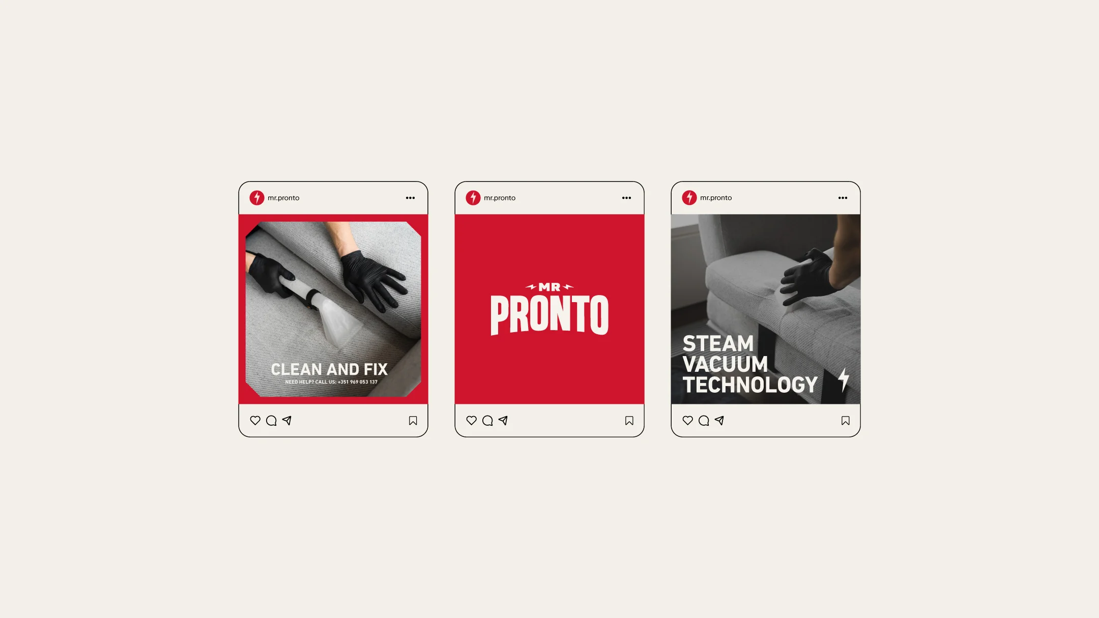 Projeto Mr Pronto da Nhdesign: Layout para publicações no Instagram da Mr Pronto, com design consistente e adaptado à comunicação visual da marca