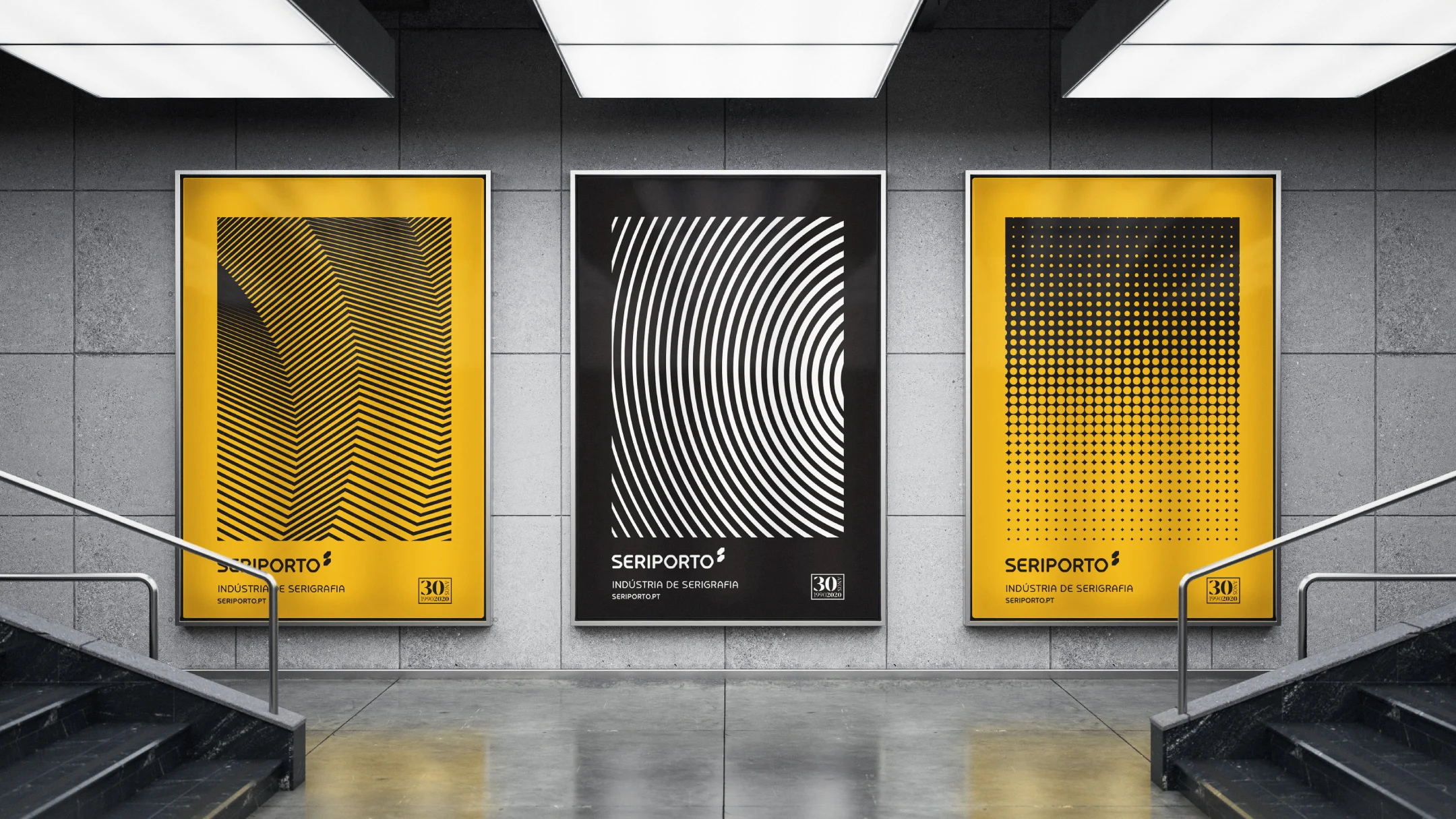 Projeto Seriporto da Nhdesign: Conjunto de posters da Seriporto aplicados em parede interior, em preto e amarelo.