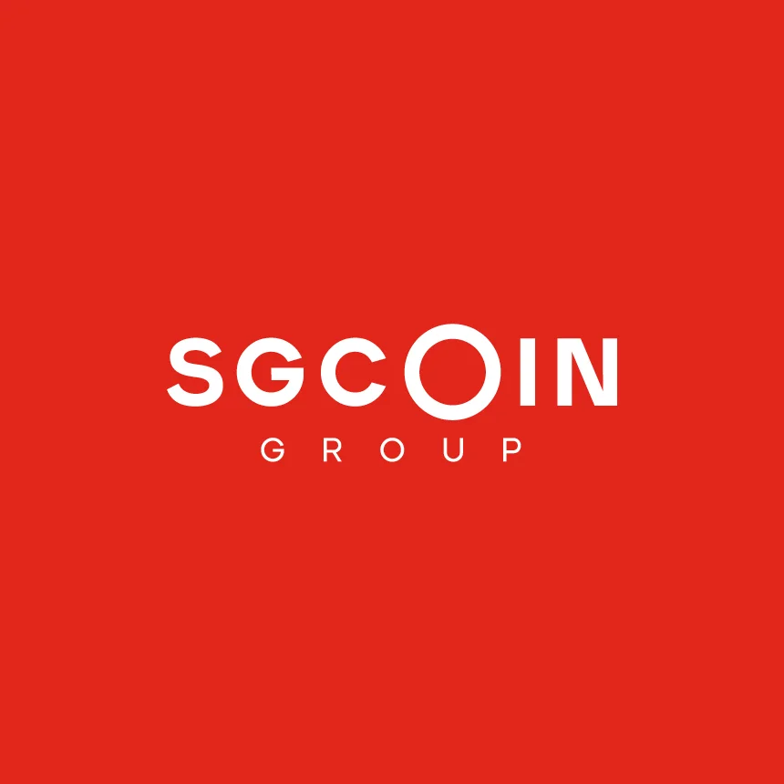 Projeto SGCoin da Nhdesign: Logotipo da SGCoin em destaque sobre um fundo vermelho sólido.