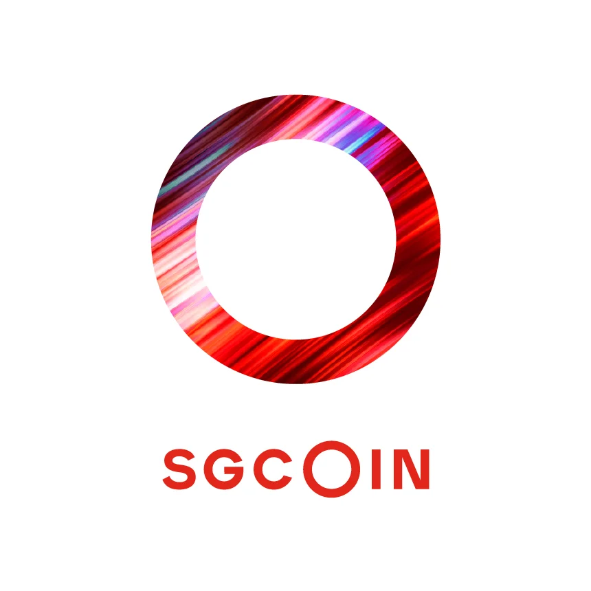 Projeto SGCoin da Nhdesign: Símbolo da SGCoin com uma fotografia inserida e logótipo sobre um fundo branco.