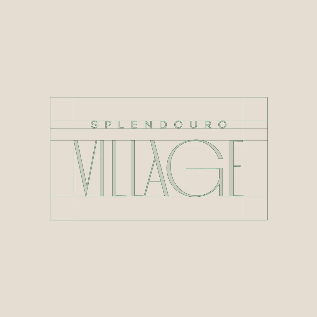 Projeto Splendouro Village da Nhdesign: Grelha de construção do logo de Splendouro Village, mostrando alinhamentos e proporções precisas