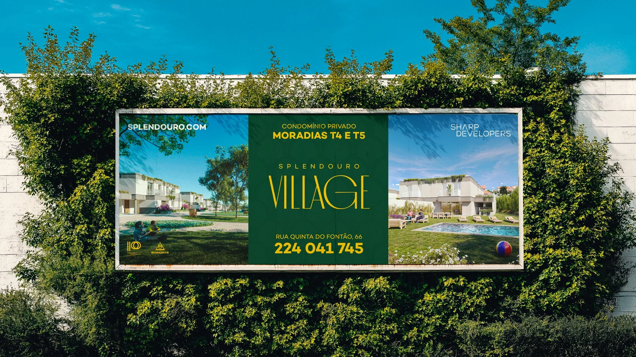 Projeto Splendouro Village da Nhdesign: Outdoor do Splendouro Village com destaque para as tipologias disponíveis no condomínio e informações de contacto para agendamento de visitas.