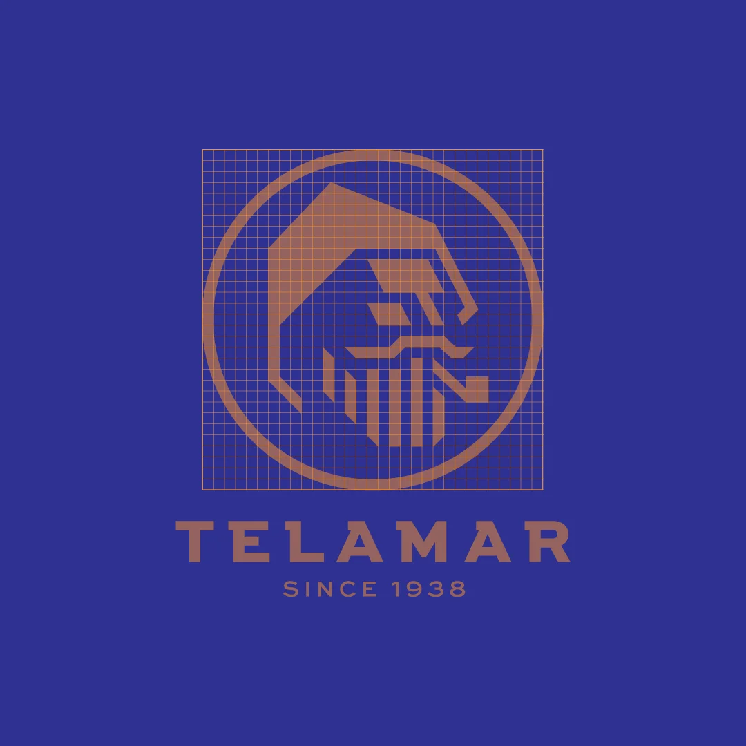 Projeto Telamar da Nhdesign: Grelha de construção do logo da Telamar sobre fundo azul.