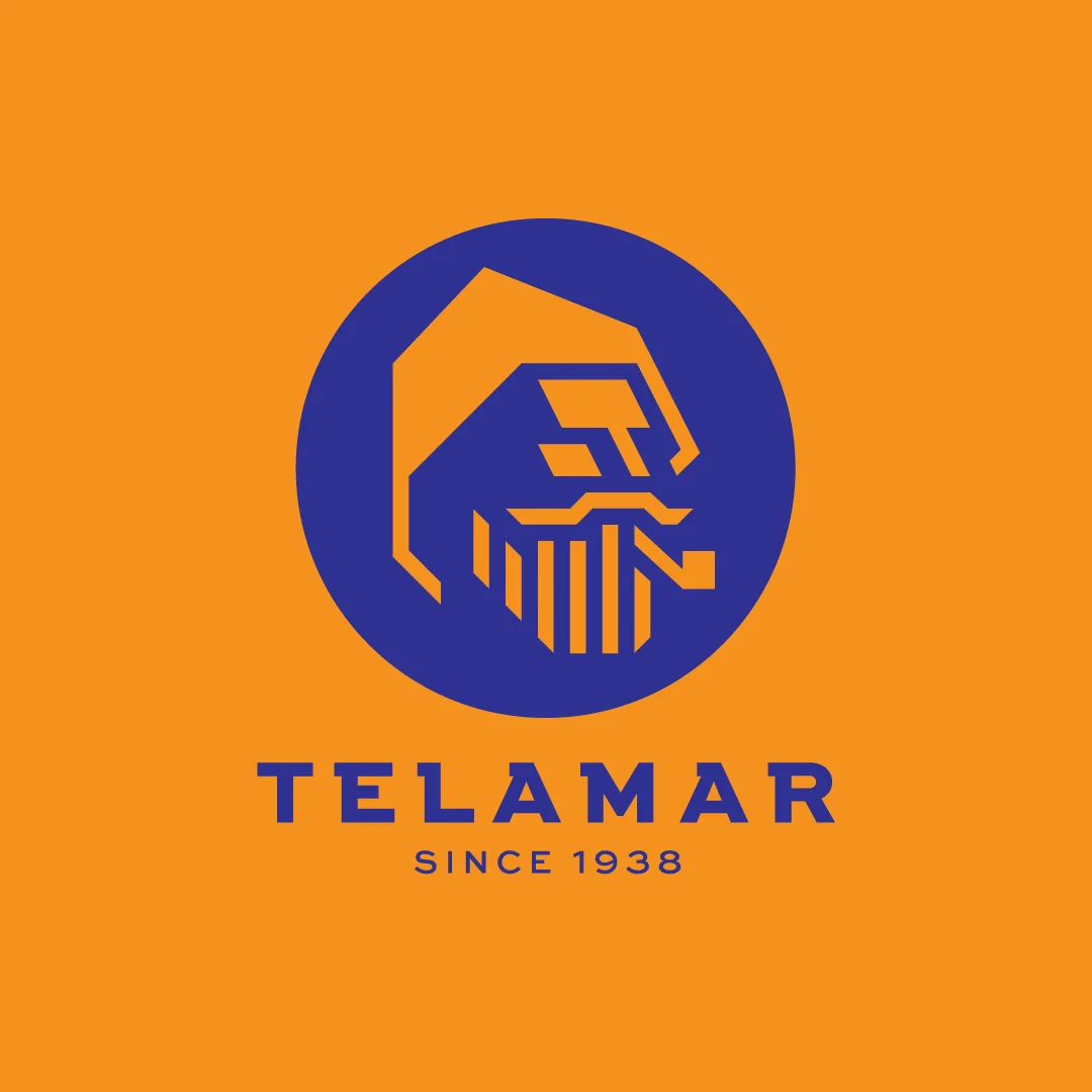 Projeto Telamar da Nhdesign: Logotipo da Telamar em azul sobre fundo laranja.