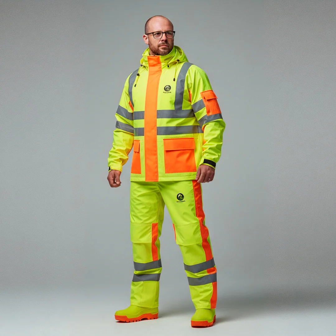 Projeto Telamar da Nhdesign: Modelo a usar um conjunto de alta visibilidade em amarelo e laranja flourescente da marca Telamar com detalhes em banda refletora.