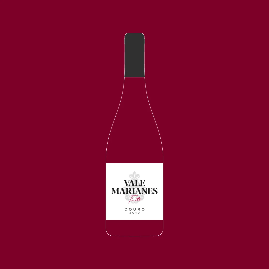 Projeto Vale Marianes da Nhdesign: Ilustração estilizada da garrafa de vinho tinto Vale Marianas sobre fundo vermelho escuro.