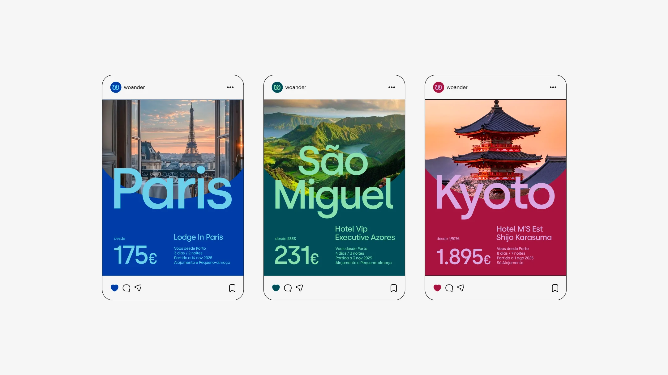 Projeto Woander da Nhdesign: Conjunto de três publicações para o instragram da woander a publicitar destinos.