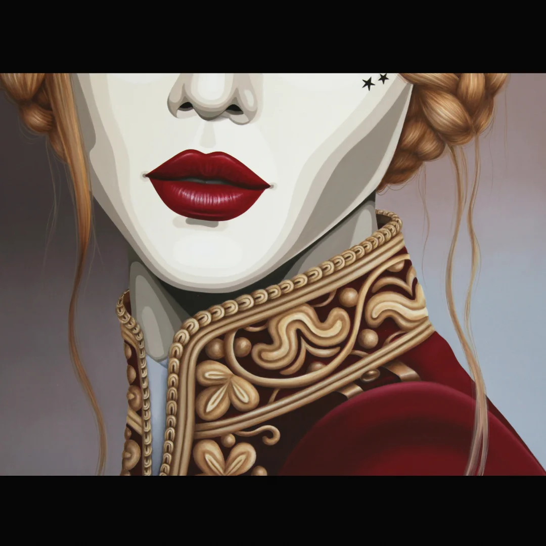 Nhdesign project The Warrior Flowers: Artwork reproduction of the female figure in profile featuring an ornate gold-embroidered military collar.