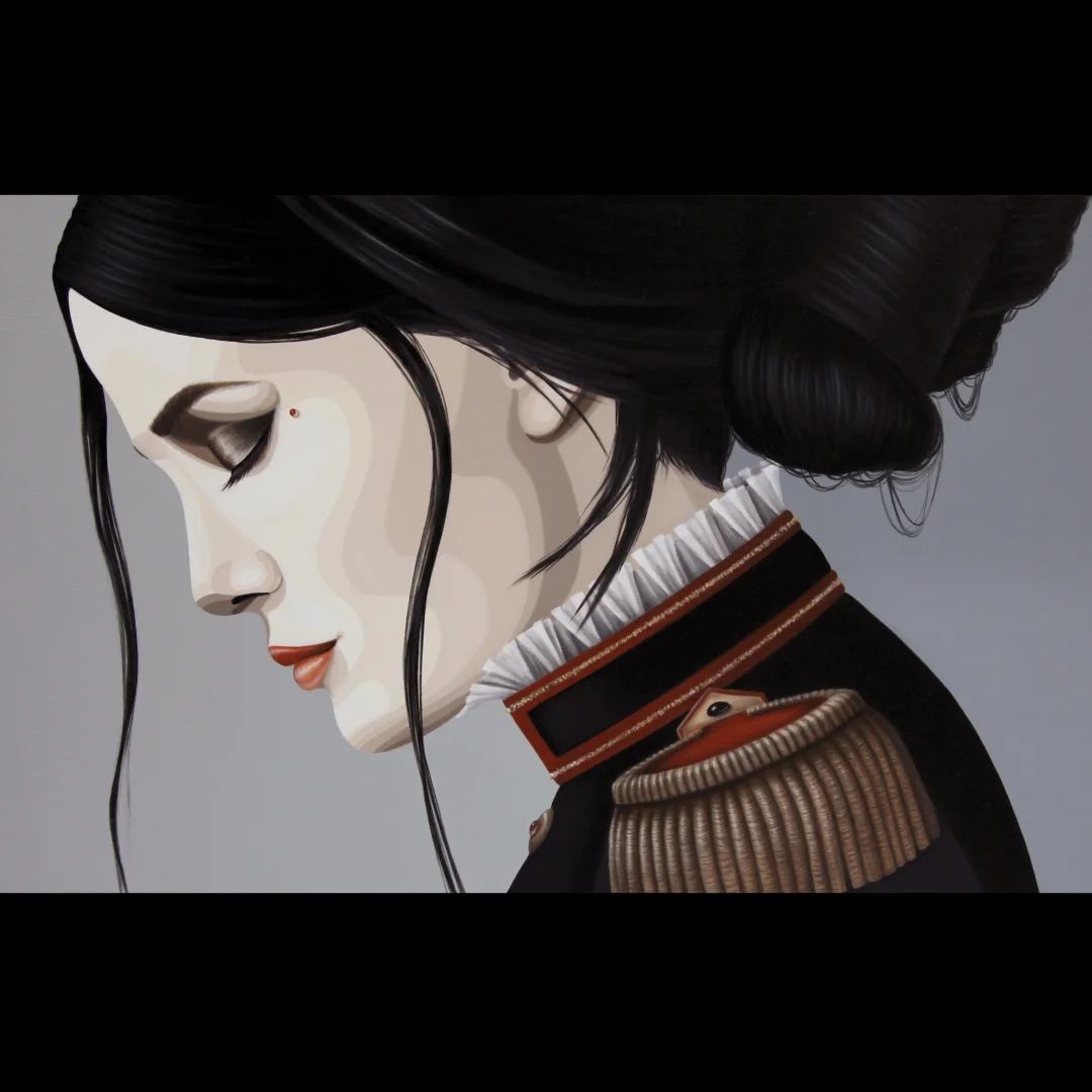 Nhdesign project The Warrior Flowers: Profile painting of the warrior figure set against a dark neutral background.