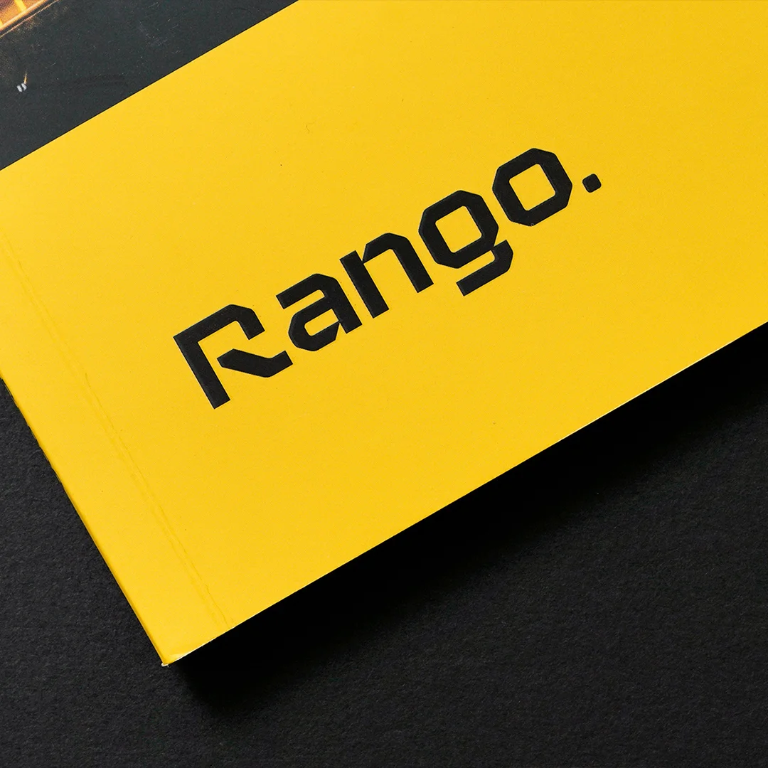 Nhdesign project Rango Company Profile: Yellow cover of the company profile with the Rango logo.