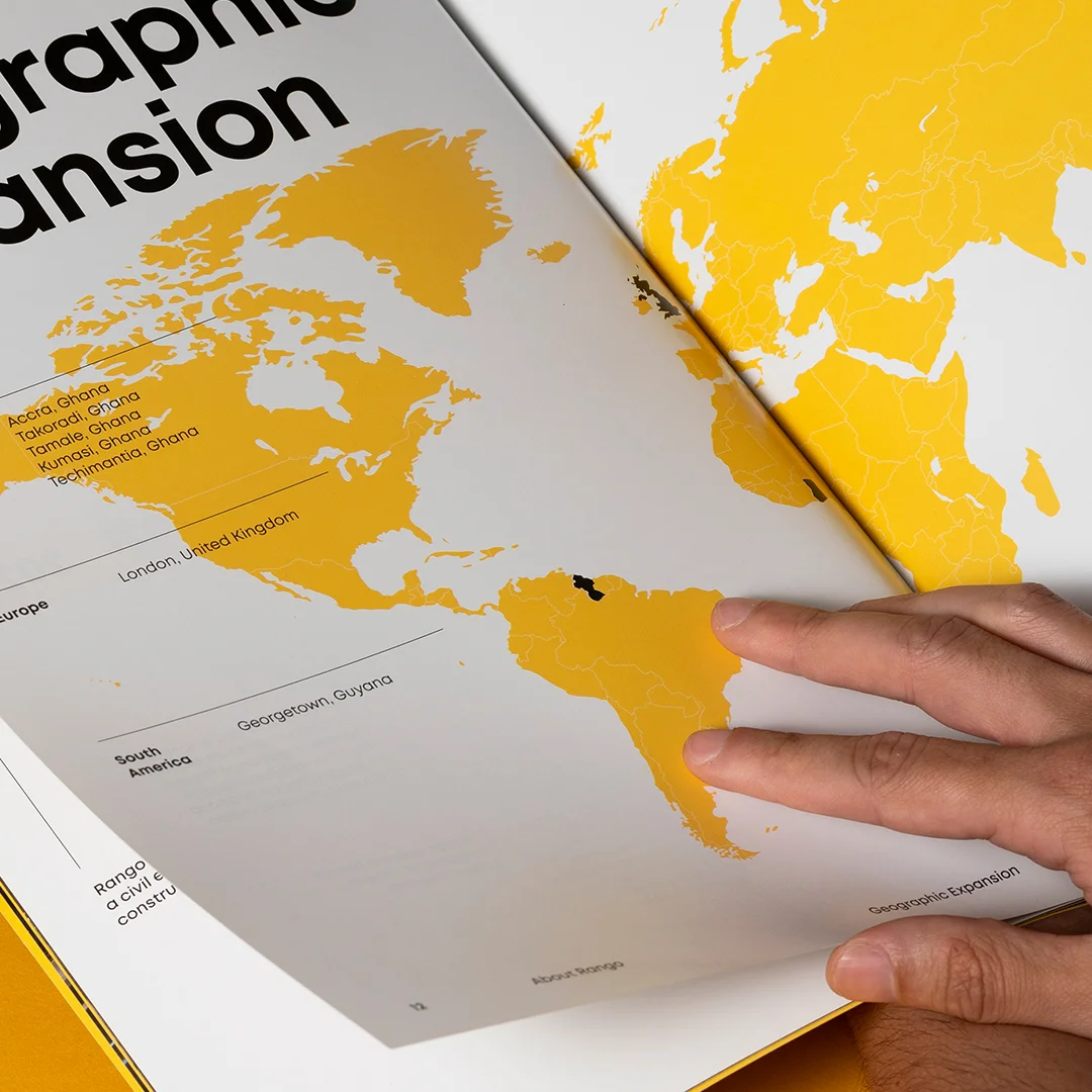 Nhdesign project Rango Company Profile: Inside page of the company profile with geographic expansion map.