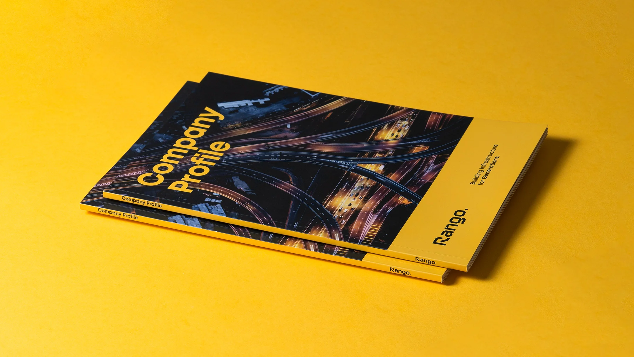 Nhdesign project Rango Company Profile: Closed company profile on a yellow background.