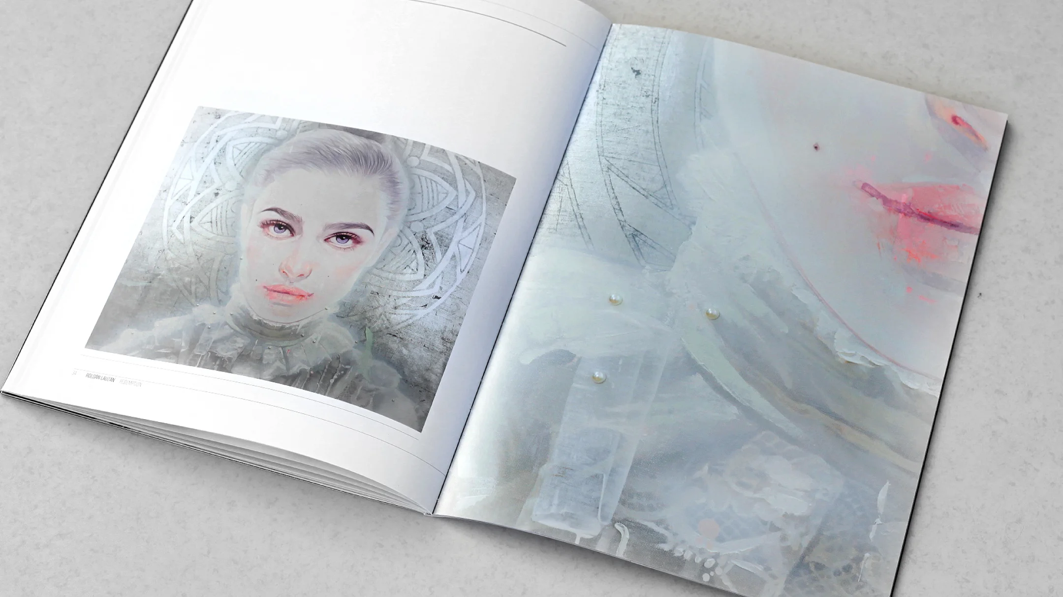 Nhdesign project Redemption: Double-page spread from the Redemption catalogue, combining different artworks in a continuous visual composition