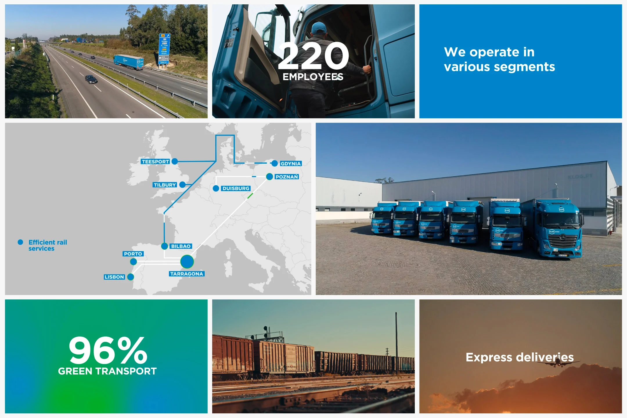 Projeto Logística Internacional da Nhdesign: Selection of frames from KLOG’s corporate video combining data, routes, fleet, and different areas of operation