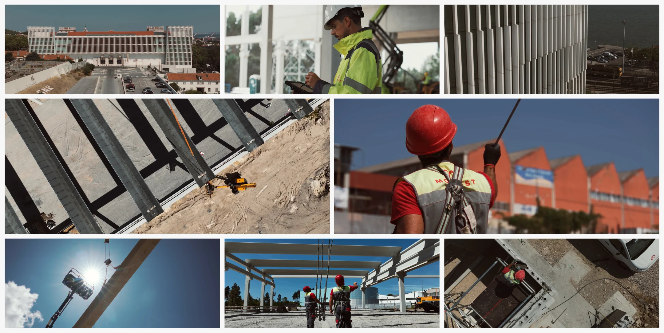 Projeto Montest 2025 da Nhdesign: Selection of frames from Montest’s institutional video, combining construction, team and architecture in a technical yet human narrative
