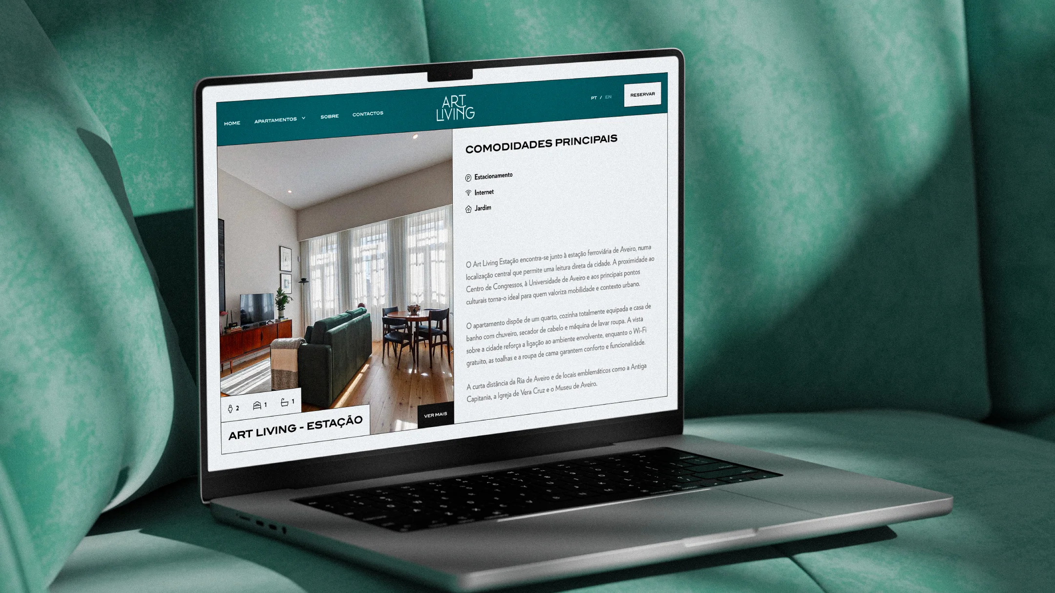 Projeto Art Living da Nhdesign: Website apresentado em portátil com informação sobre os apartamentos