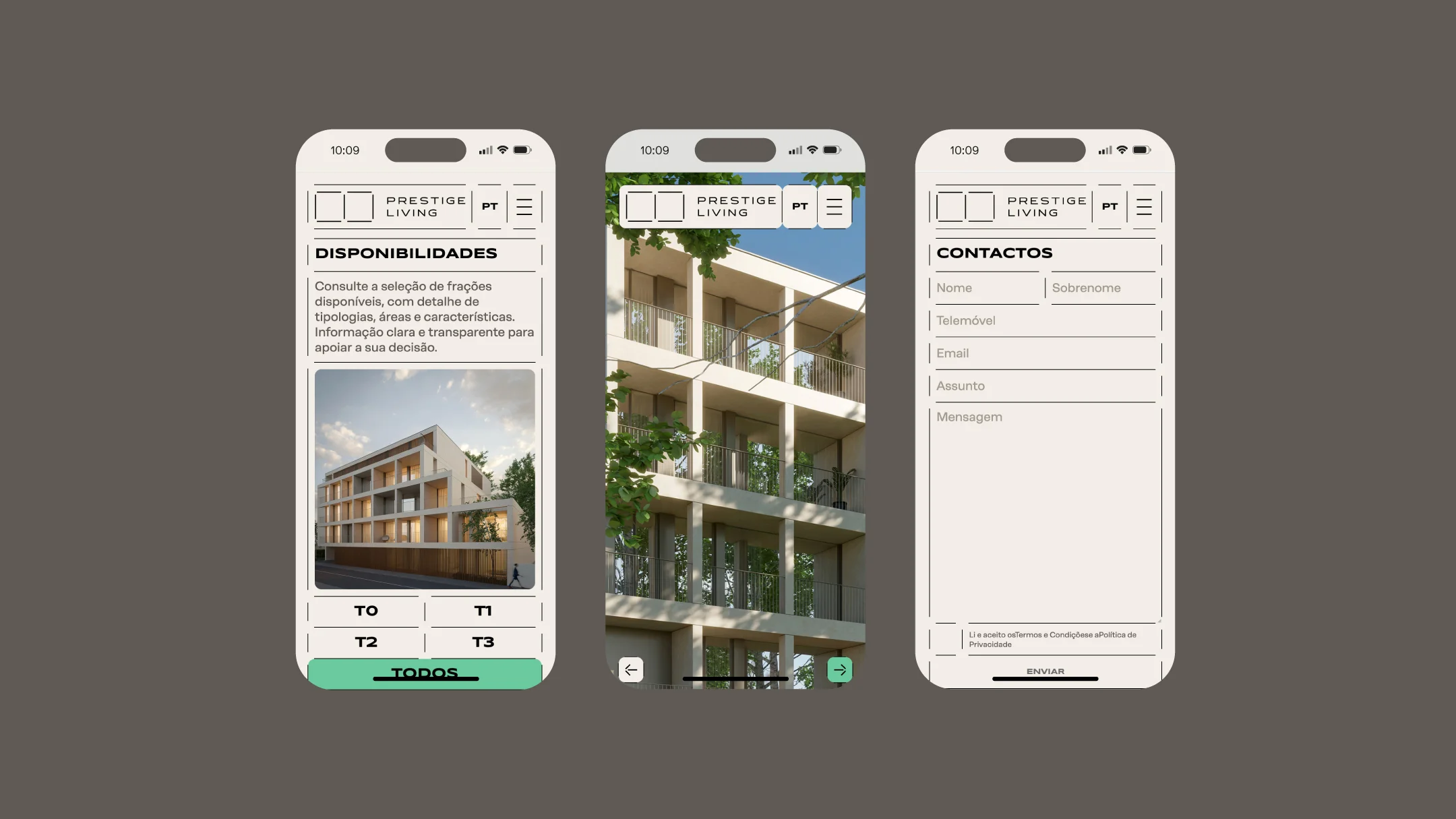 Projeto Prestige Living da Nhdesign: Adaptação do website do Prestige Living para dispositivos móveis, com acesso às disponibilidades e contactos