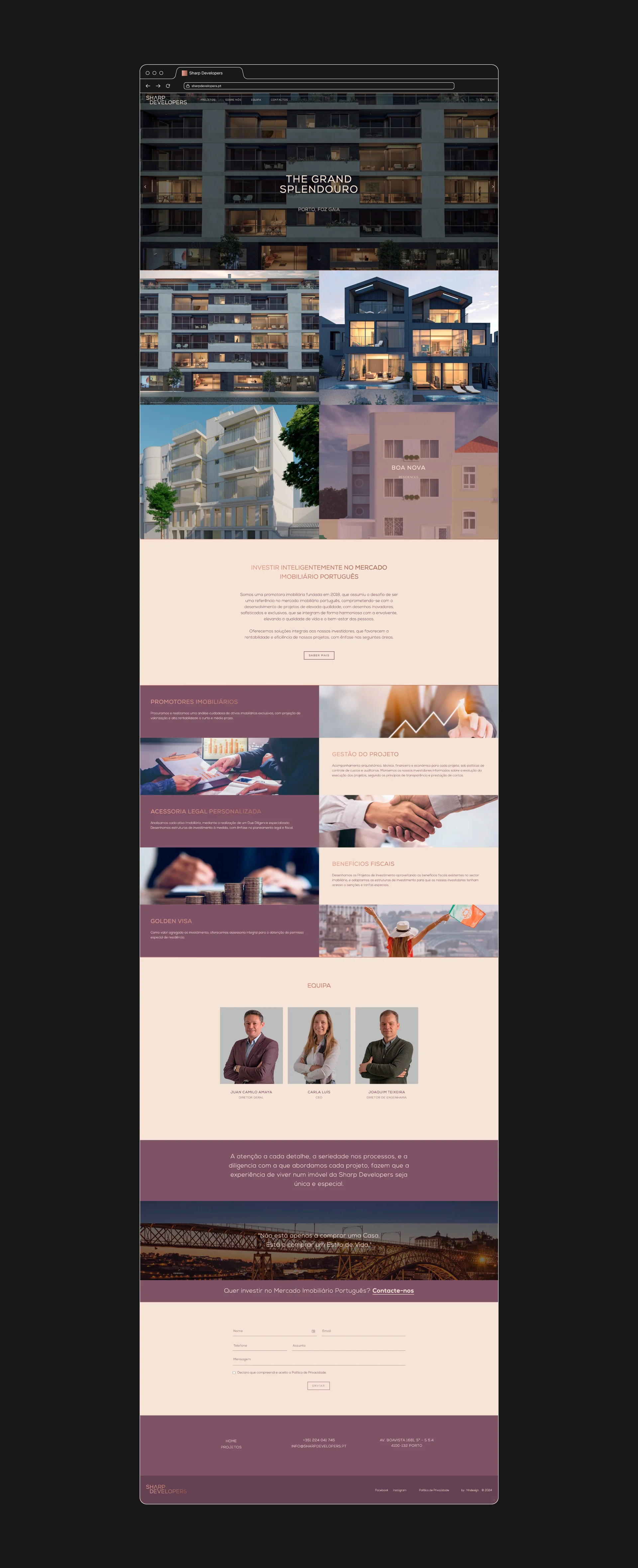 Projeto Sharp Developers da Nhdesign: página completa do website da Sharp Developers sobre fundo preto